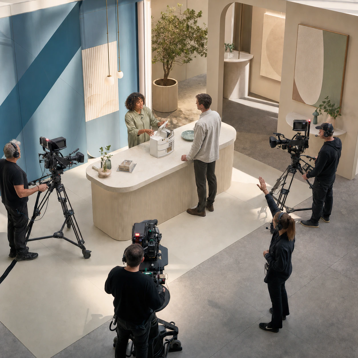 A live multi-camera broadcast production with a presenter, guest and production crew