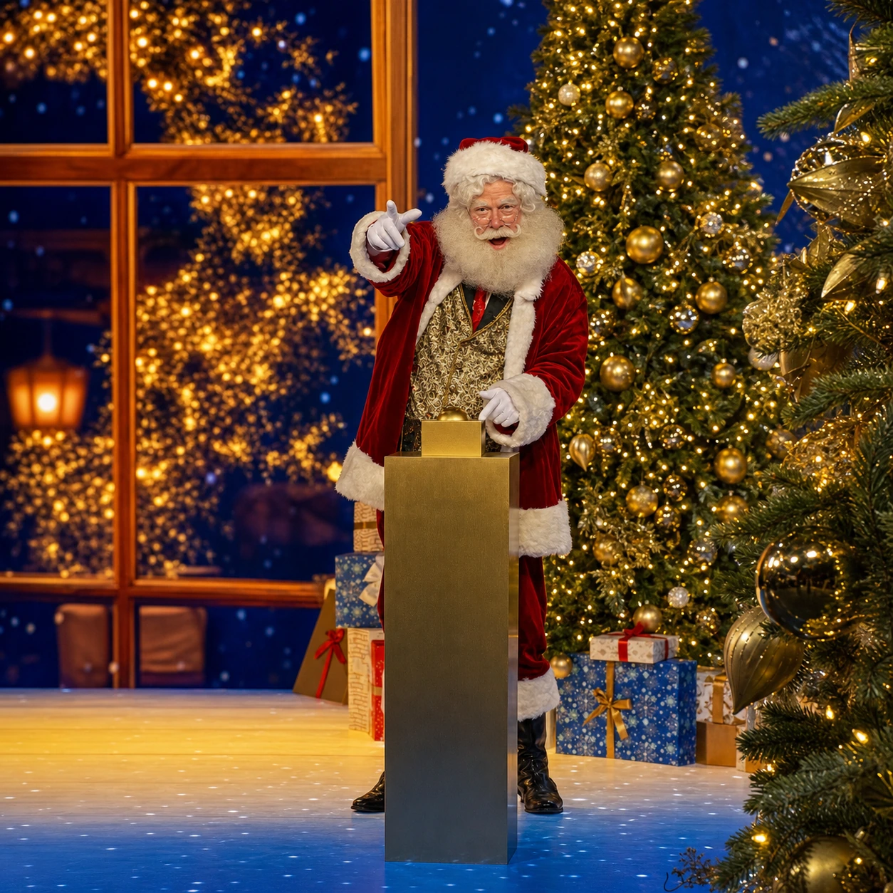 Father Christmas presenting on a decorated live broadcast set