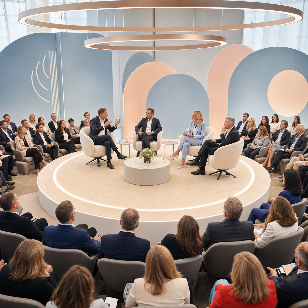 A leadership panel speaking to delegates at a corporate event