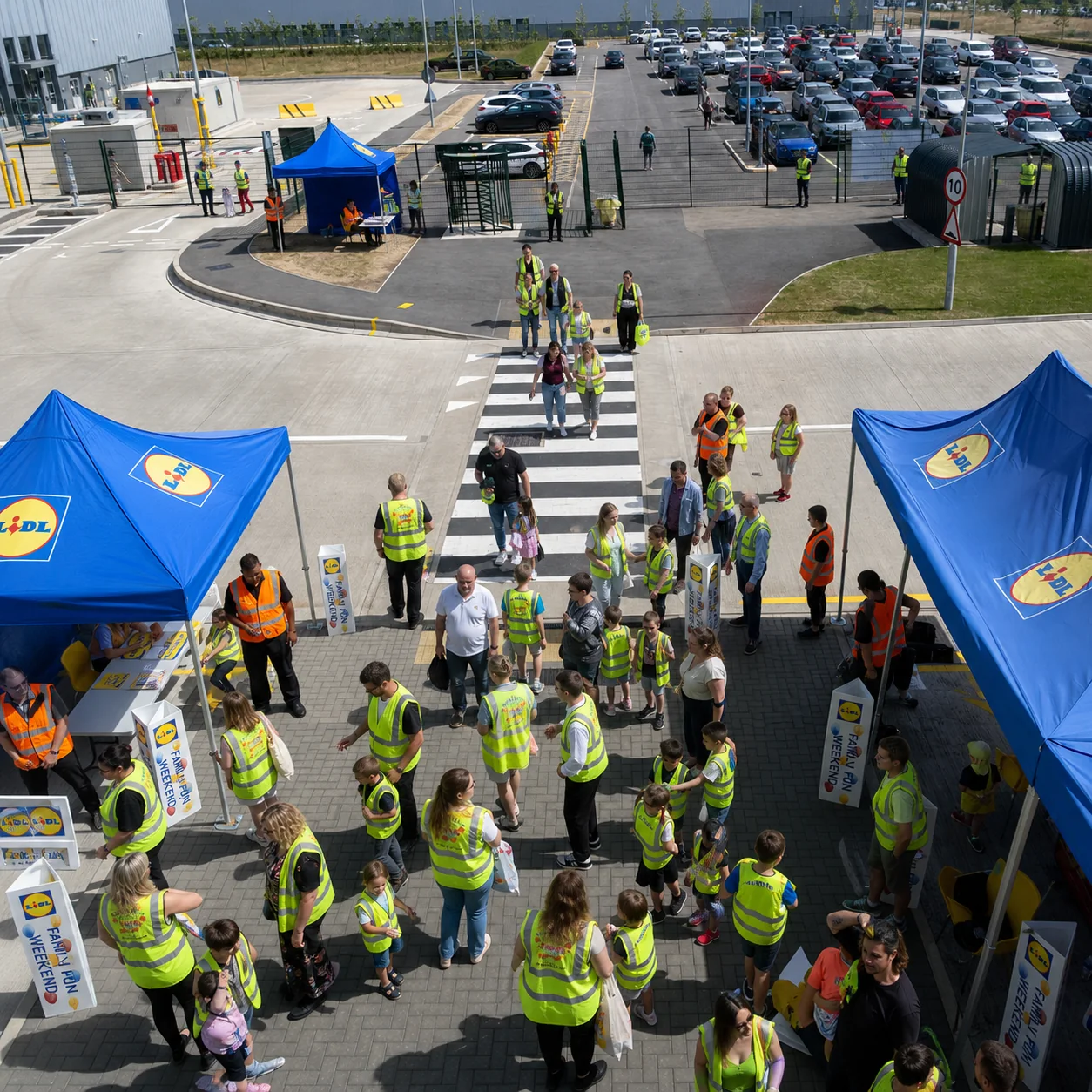 Families and event staff arriving at a distribution centre family festival