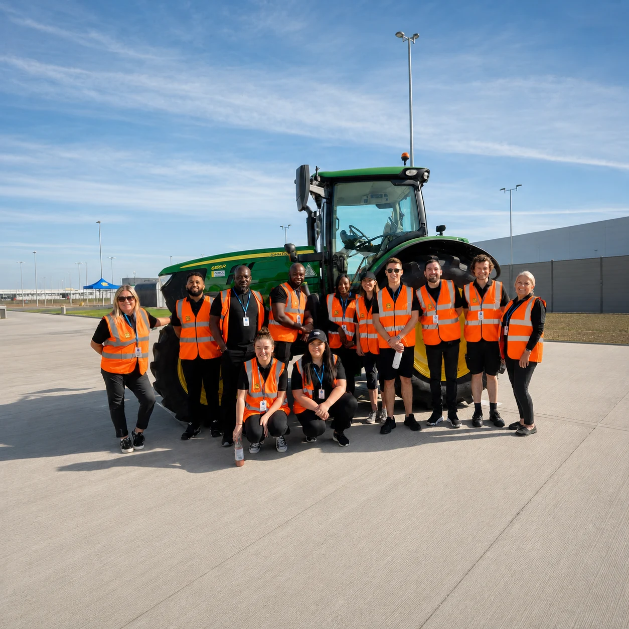 The event team gathered beside a tractor at the distribution centre