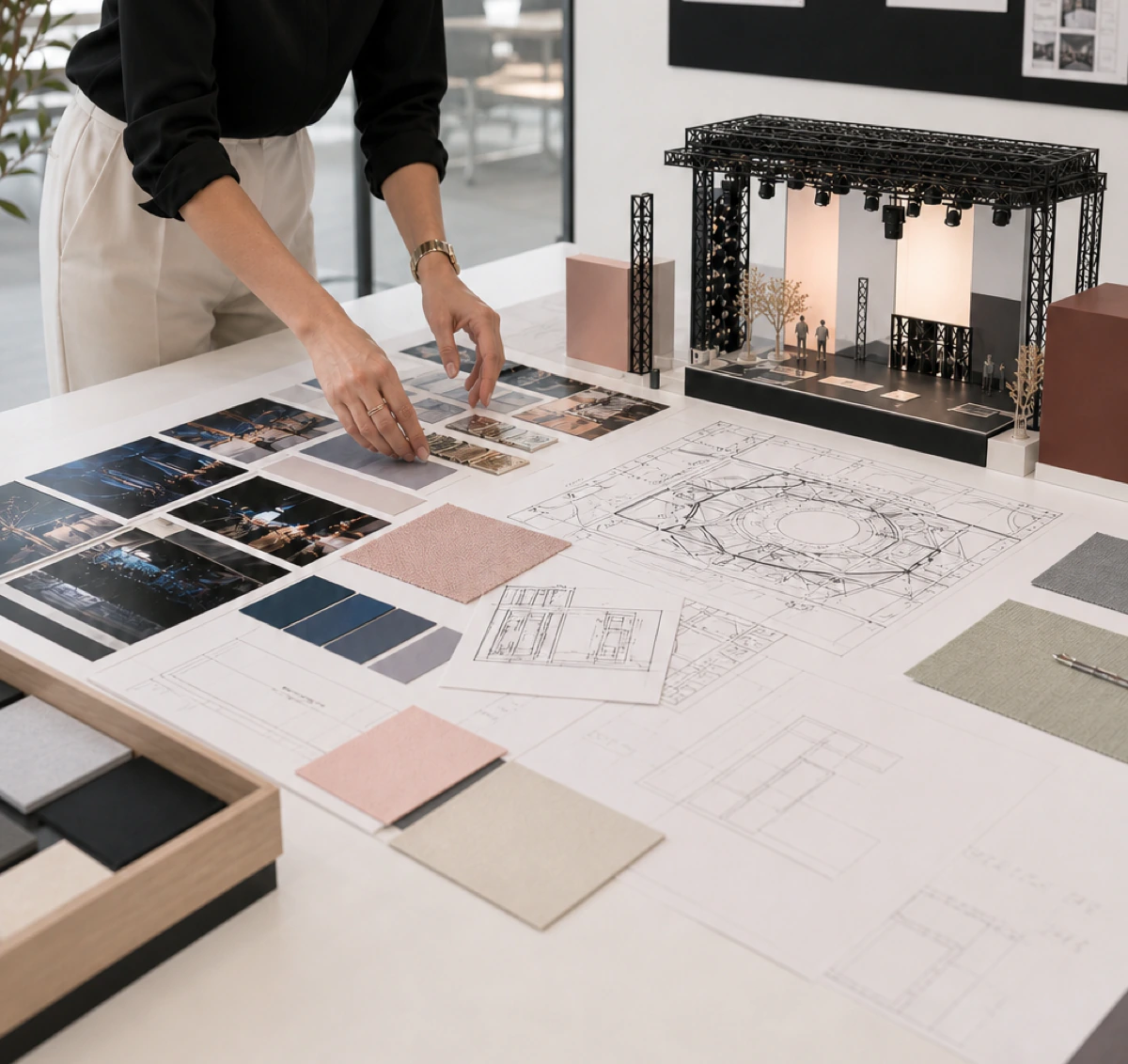 Event producer arranging plans and materials beside a detailed stage model