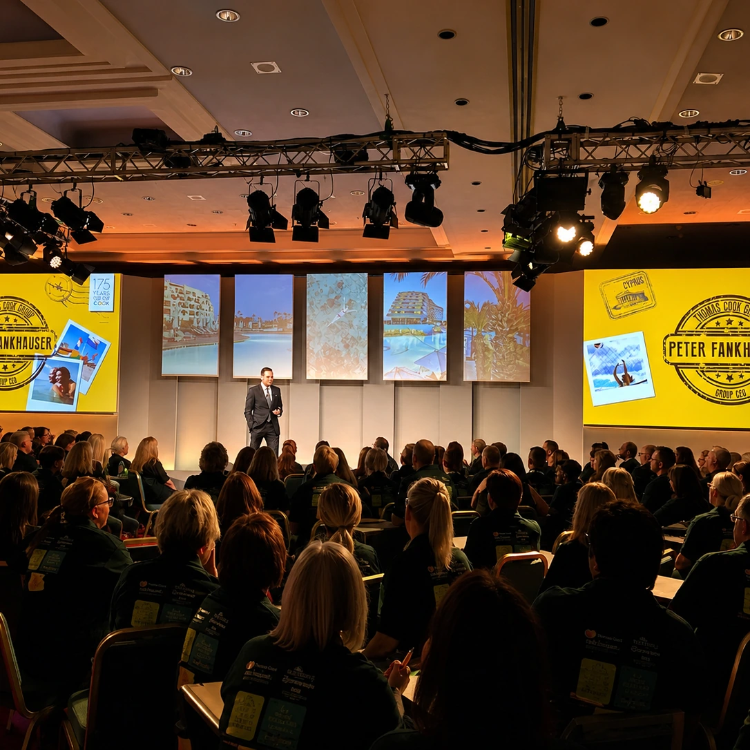 A retail leadership conference presenter addressing a packed auditorium in Turkey